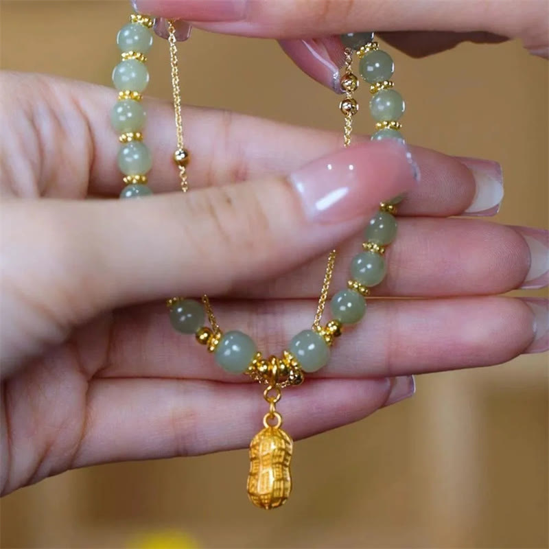 Wear FengShui Jade Leaf Ginkgo Tulip Peanut Fu Character Luck Beaded Bracelet