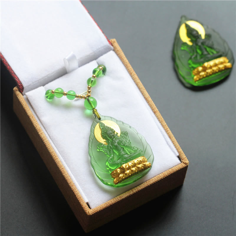 Wear FengShui Tibetan Green Tara Buddha Gold Plated Liuli Crystal Protection Necklace Pendant