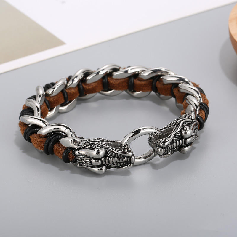 Wear FengShui Dragon Leather Titanium Steel Protection Luck Braided Bracelet