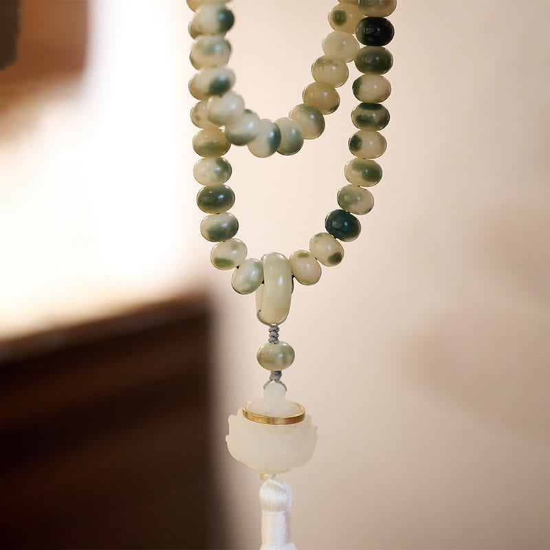 Wear FengShui Natural 108 Mala Beads Bodhi Seed Lotus Engraved Wisdom Tassel Bracelet