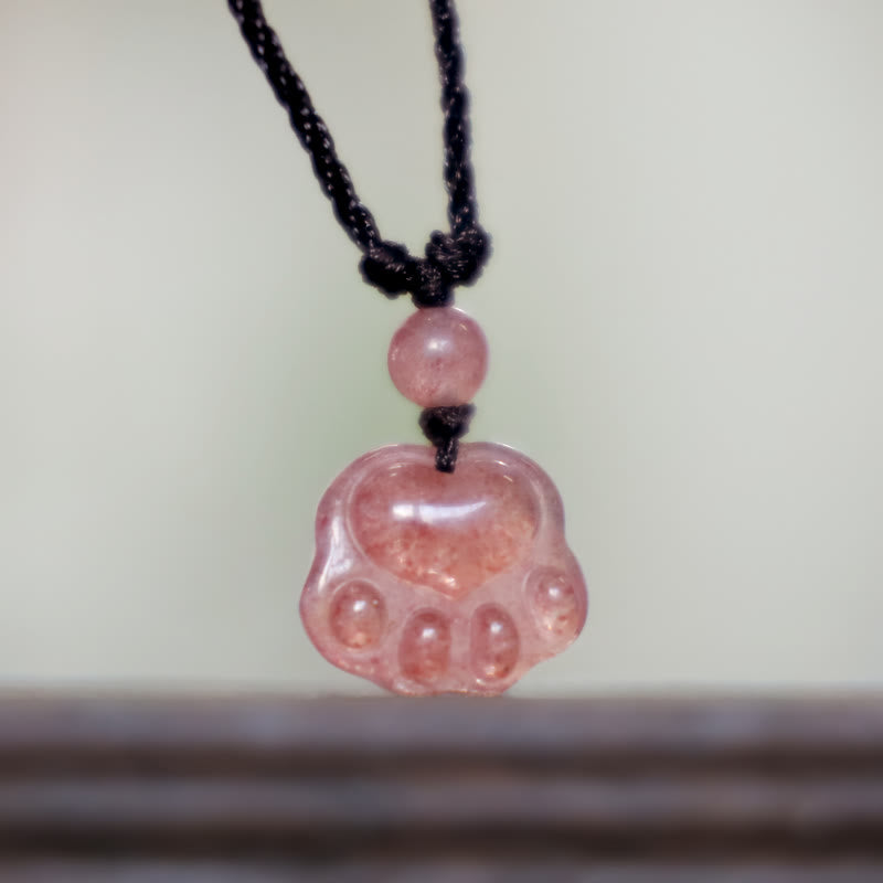 Wear FengShui Strawberry Quartz Lovely Cat Paw Claw Healing Necklace Pendant