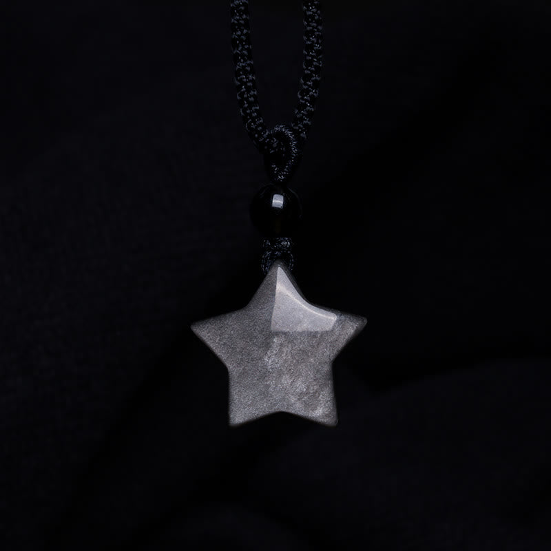 Wear FengShui Natural Silver Sheen Obsidian Star Crescent Moon Protection Necklace Pendant