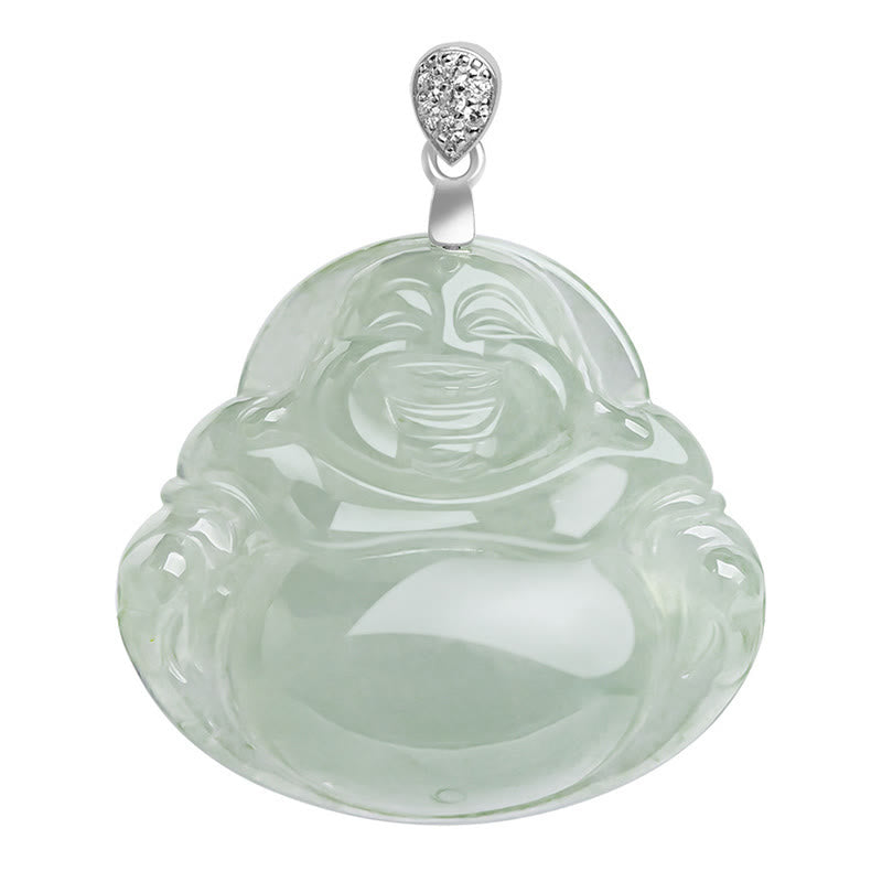 Wear FengShui Natural Jade Laughing Buddha Prosperity Abundance Titanium Steel Chain Necklace Pendant