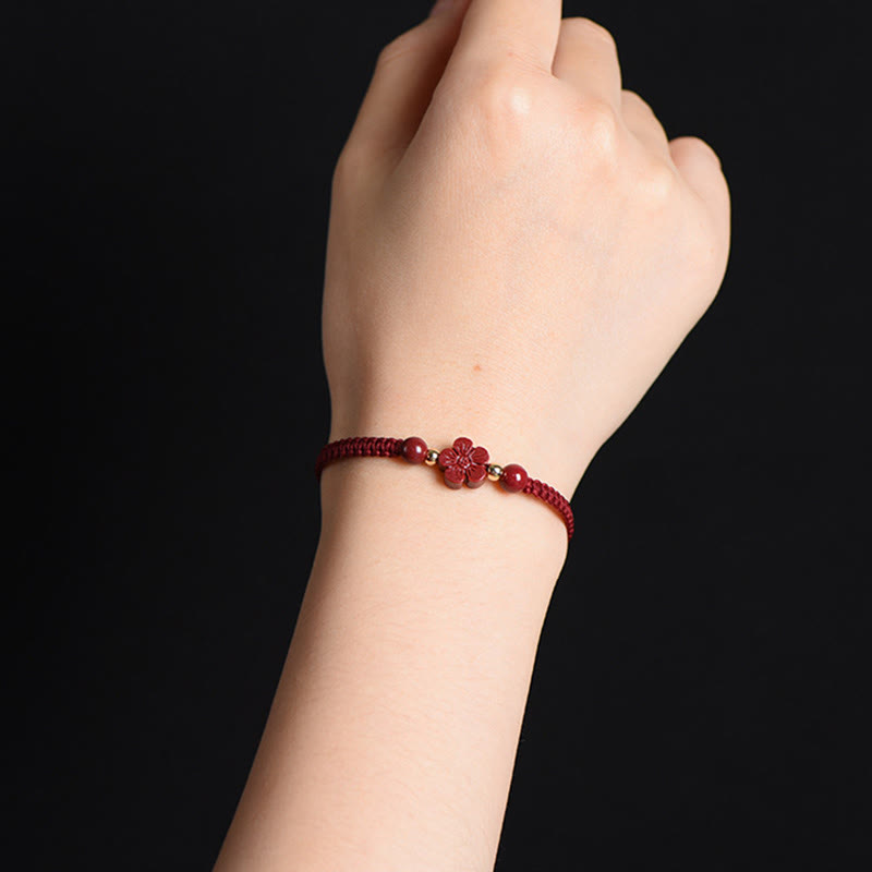 Wear FengShui Four Leaf Clover Five-petal Flower Cinnabar Blessing Red String Bracelet