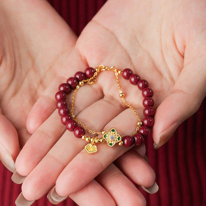 Wear FengShui 925 Sterling Silver Natural Cinnabar Four Leaf Clover Flower Blessing Chain Bracelet