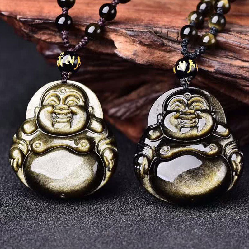 Wear FengShui Laughing Buddha Gold Sheen Obsidian Wealth Necklace Pendant