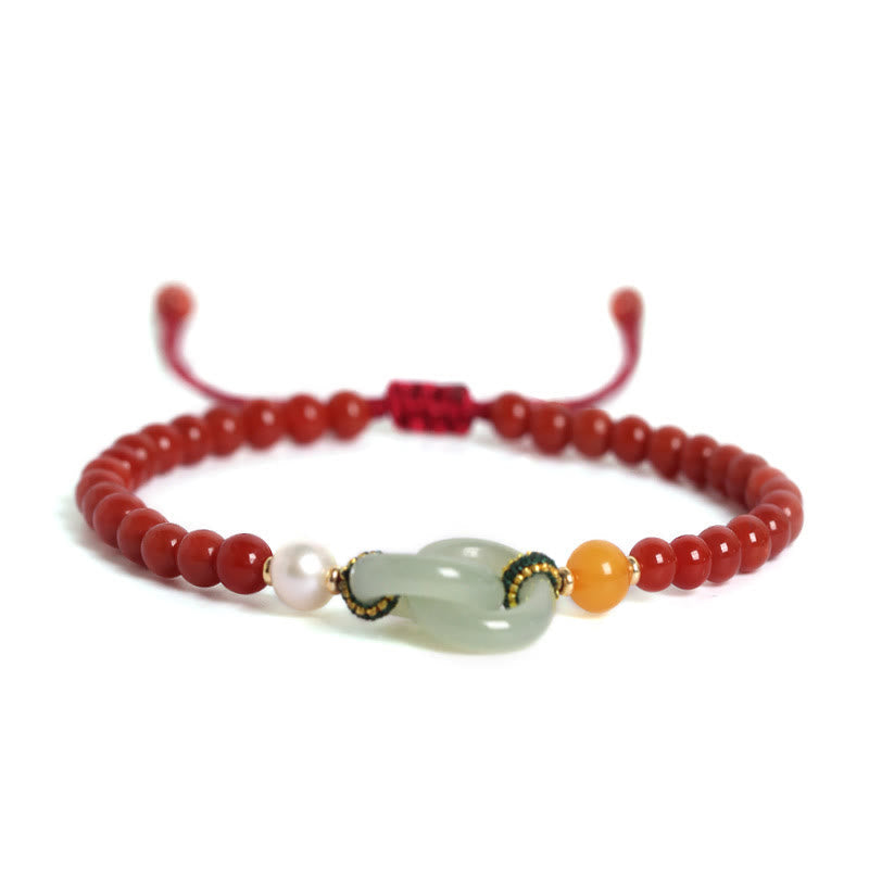 Wear FengShui Natural Red Agate Hetian Jade Double Peace Buckle Confidence Bracelet