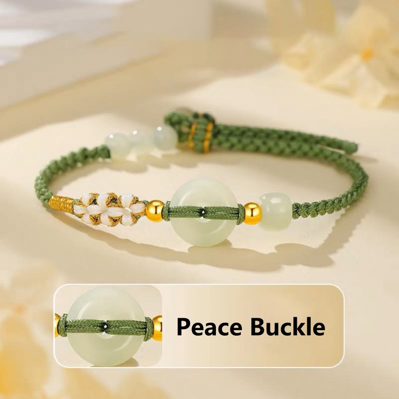 Wear FengShui Hetian Jade Peace Buckle Luck Peach Blossom Braided Bracelet