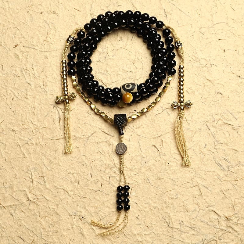 Wear FengShui Tibetan 108 Mala Beads Black Onyx Three-eyed Dzi Beads Protection Bracelet