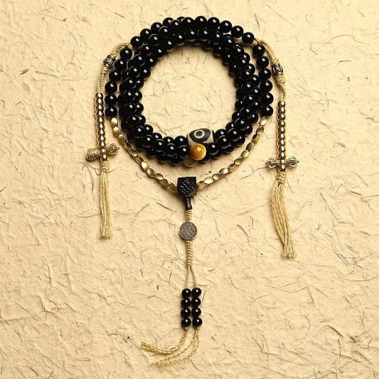 Wear FengShui Tibetan 108 Mala Beads Black Onyx Three-eyed Dzi Beads Protection Bracelet