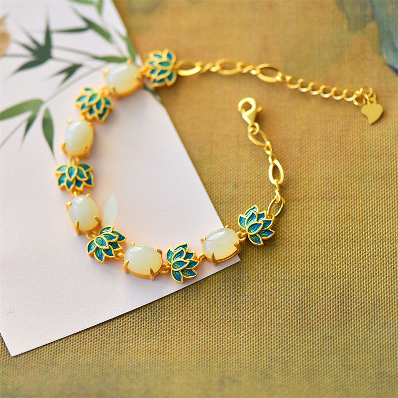 Wear FengShui White Jade Cyan Jade Lotus Protection Bracelet
