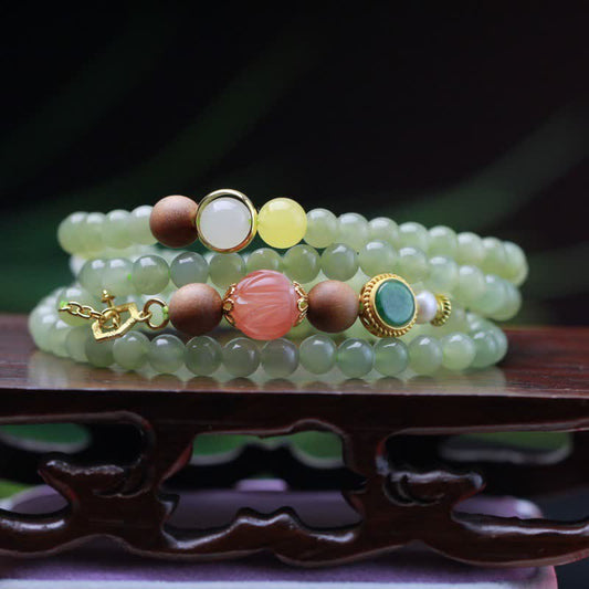 Wear FengShui Natural Hetian Jade Amber Lotus Red Agate Luck Abundance Bracelet