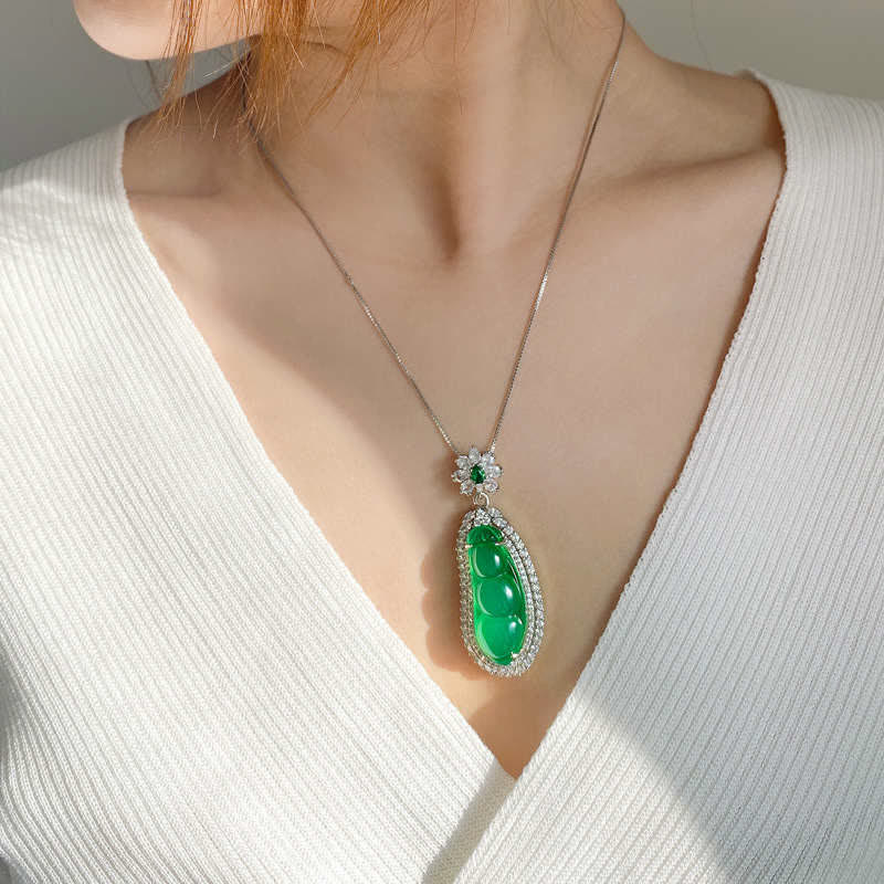 Wear FengShui Fortune Bean Cyan Jade Luck Necklace Pendant