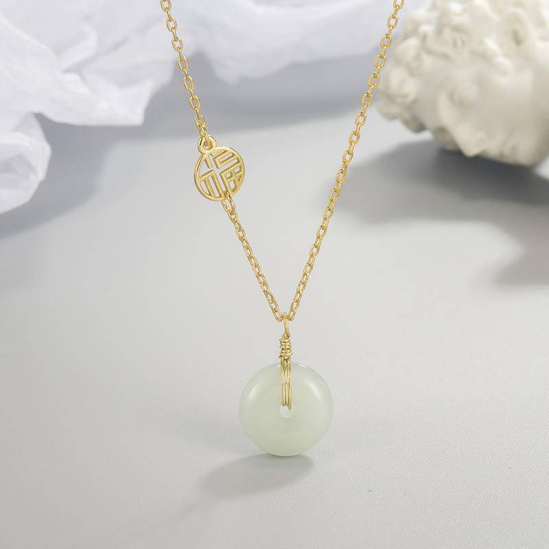 Wear FengShui Jade Fu Character Copper Coin Peace Buckle Abundance Necklace Pendant