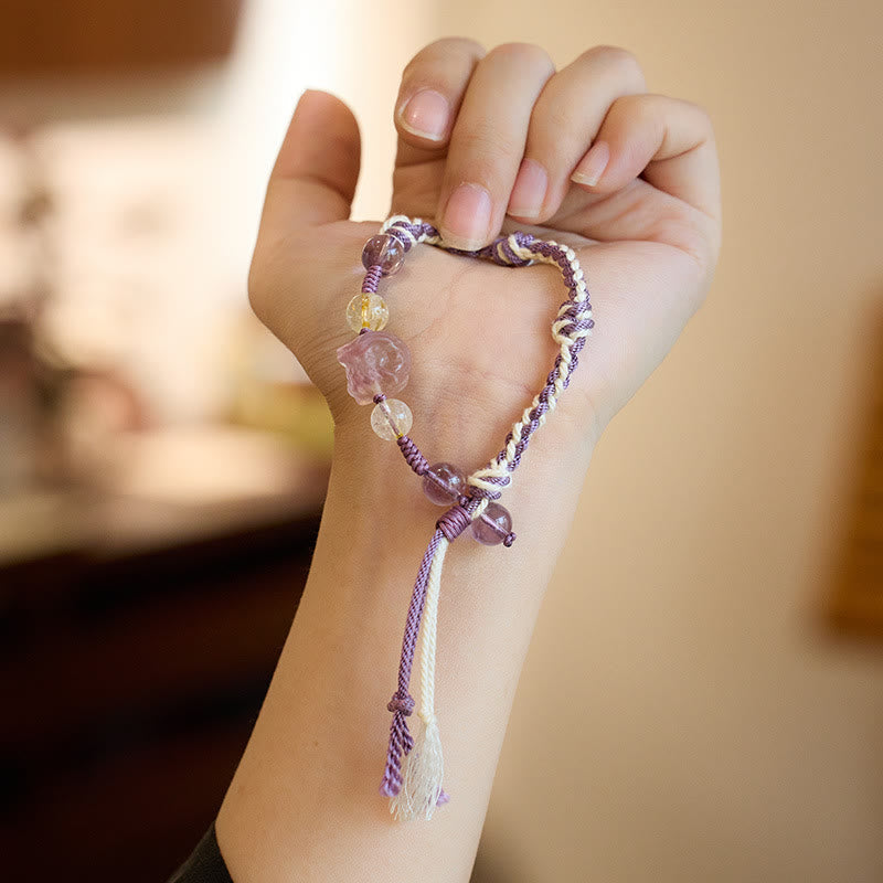 Wear FengShui Natural Fluorite Amethyst Silver Sheen Obsidian Tiger's Eye Protection Rope Bracelet
