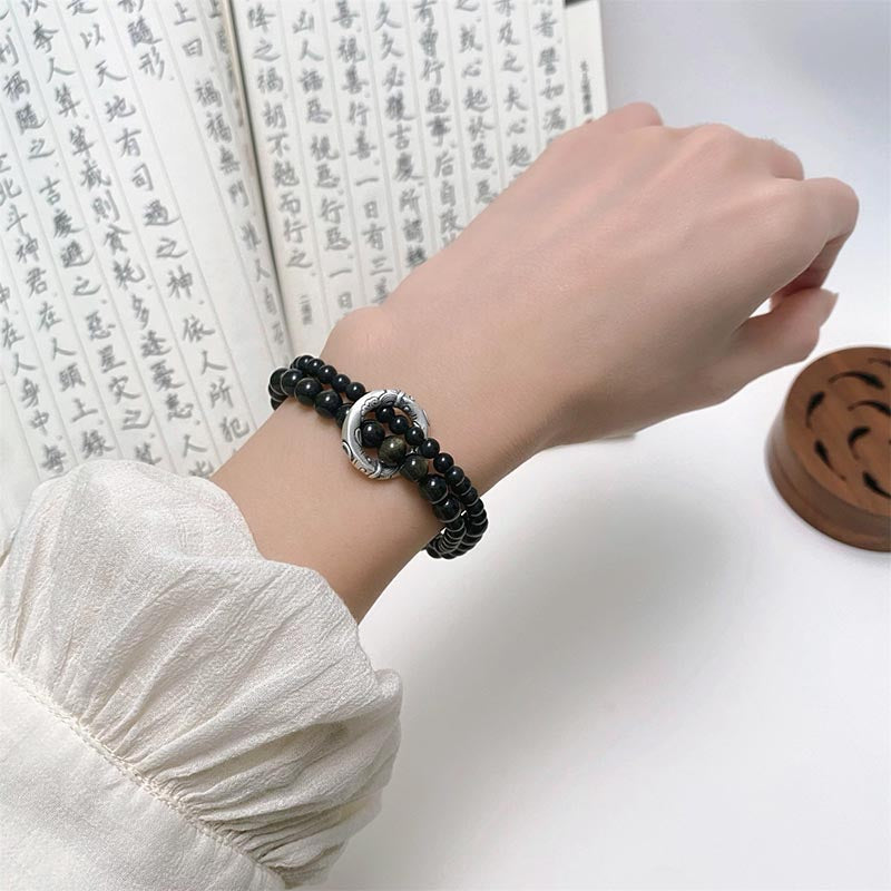 Wear FengShui 999 Sterling Silver Black Obsidian Fulfillment Strength Double Layer Bracelet
