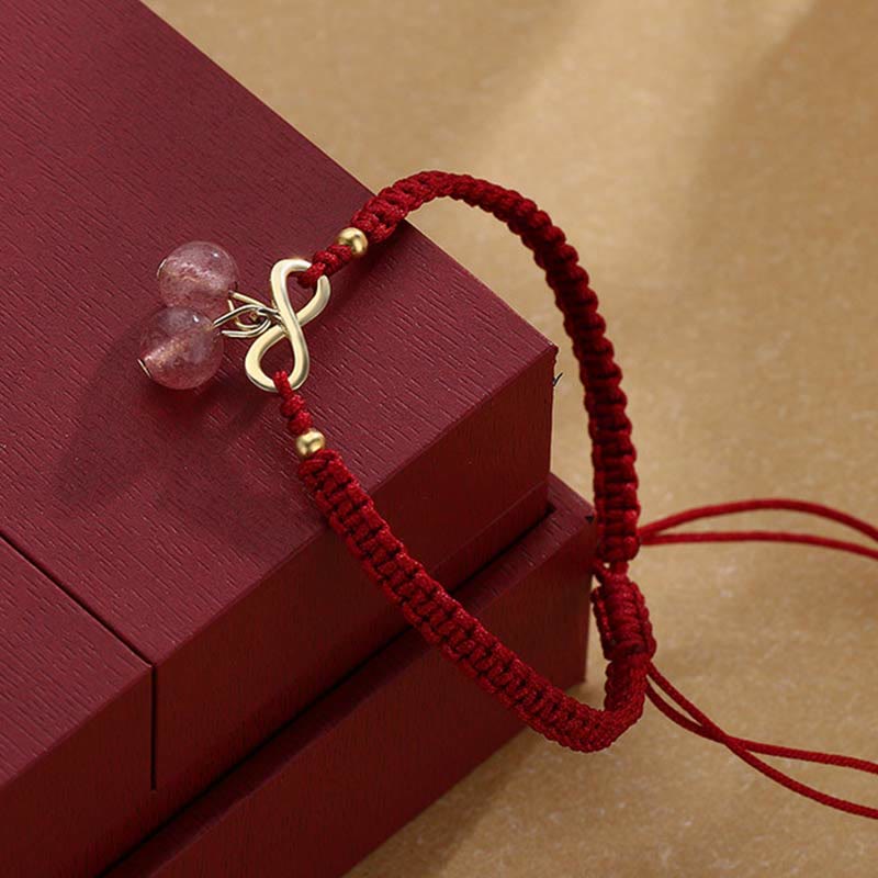 Wear FengShui Strawberry Quartz Crystal Endless Knot Love Healing Red String Weave Bracelet