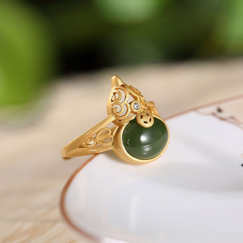 Wear FengShui Gourd Cyan Jade Copper Coin Success Luck Adjustable Ring