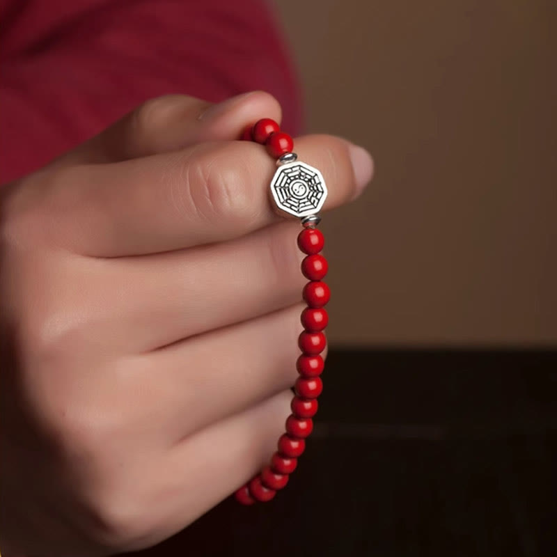 Wear FengShui 925 Sterling Silver Yin Yang Bagua Symbol Cinnabar String Concentration Bracelet