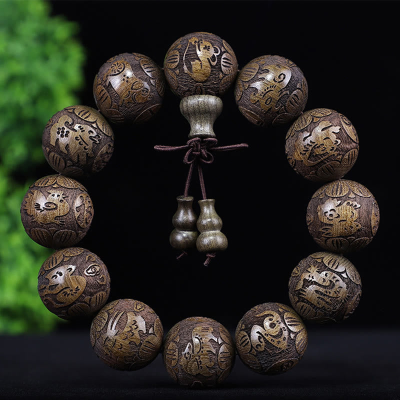 Wear FengShui Chinese Zodiac Rosewood Ebony Copper Coin PiXiu Carved Warmth Bracelet