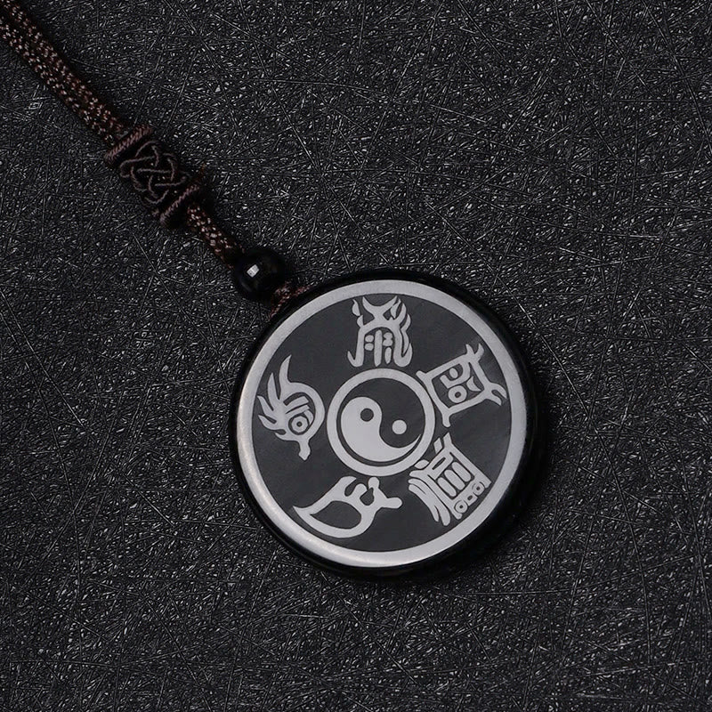 Wear FengShui Black Obsidian Taoism Five Sacred Mountains Nine-Character Mantra Carved Purification Yin Yang Necklace Pendant