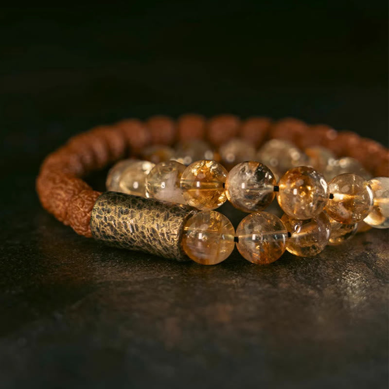 Wear FengShui Natural Citrine Crystal Rudraksha Bodhi Seed Brass Bead Prosperity Double Wrap Bracelet
