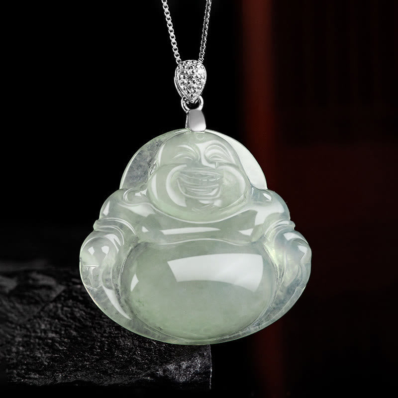 Wear FengShui Natural Jade Laughing Buddha Prosperity Abundance Titanium Steel Chain Necklace Pendant