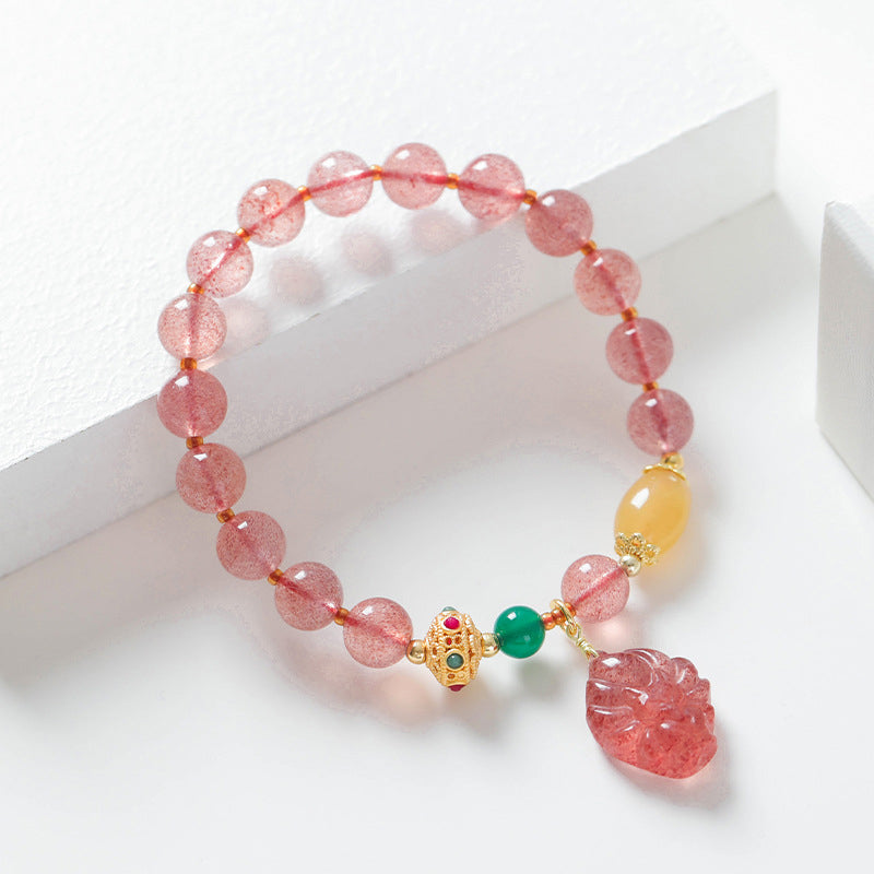 Wear FengShui Natural Strawberry Quartz Nine Tailed Fox Healing Bracelet