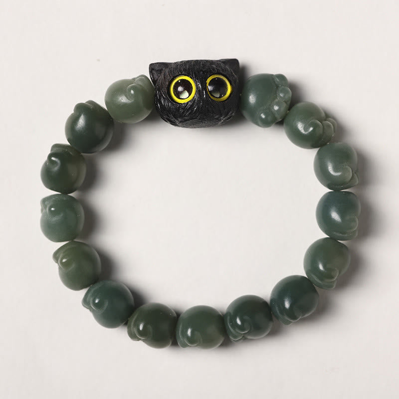 Wear FengShui Natural Bodhi Seed Lovely Paw Ebony Wood Lucky Cat Wisdom Bracelet