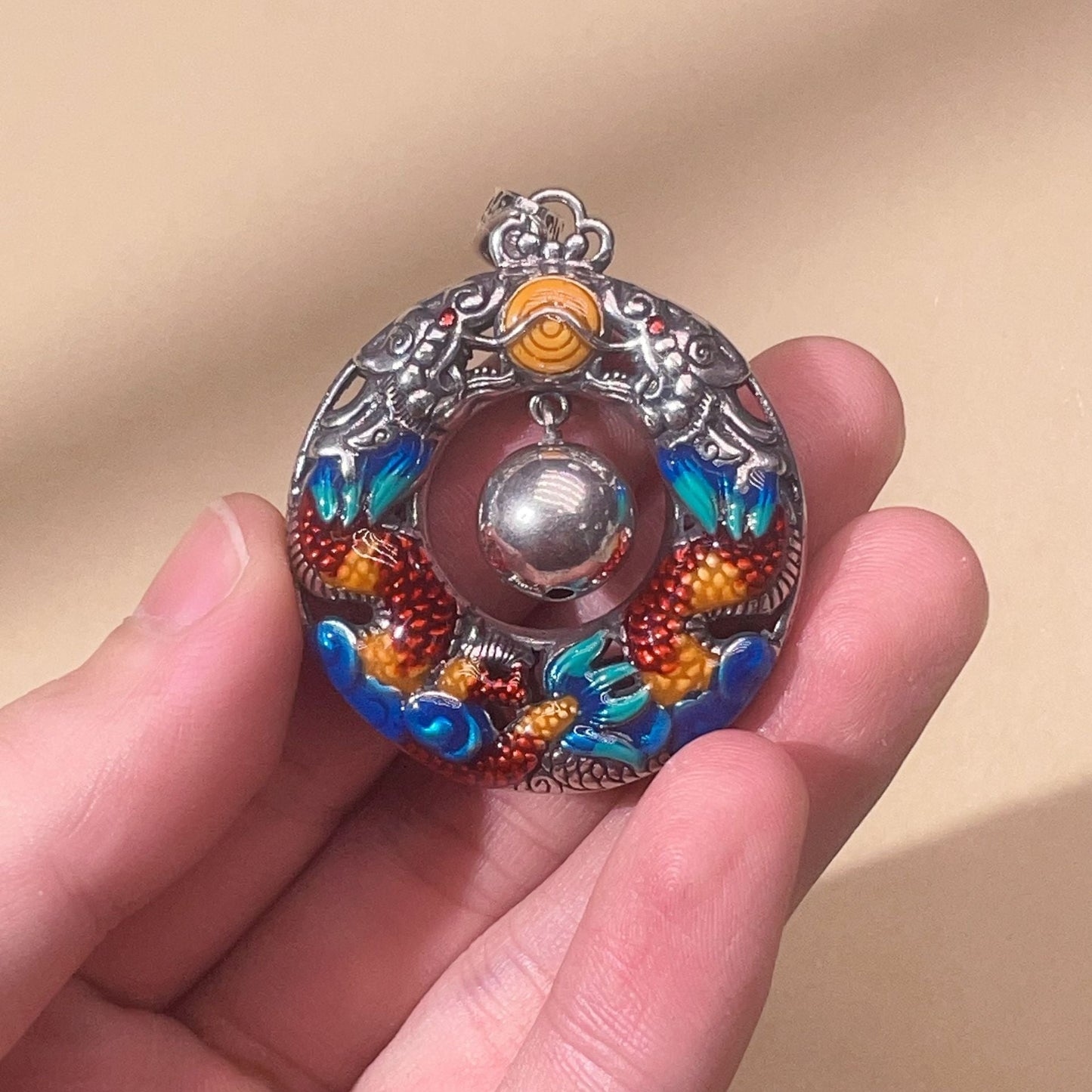 Wear FengShui Year of the Dragon Colorful Double Dragons Playing Bead Copper Protection Necklace Pendant