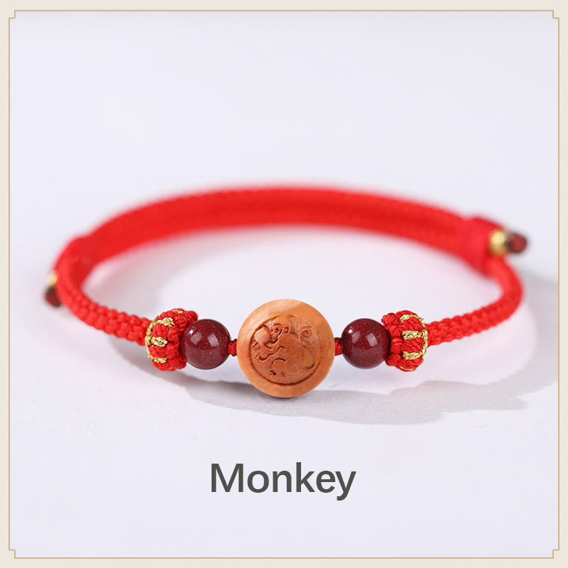 Wear FengShui Natural Peach Wood Chinese Zodiac Fu Character Carved Cinnabar Wealth Bracelet