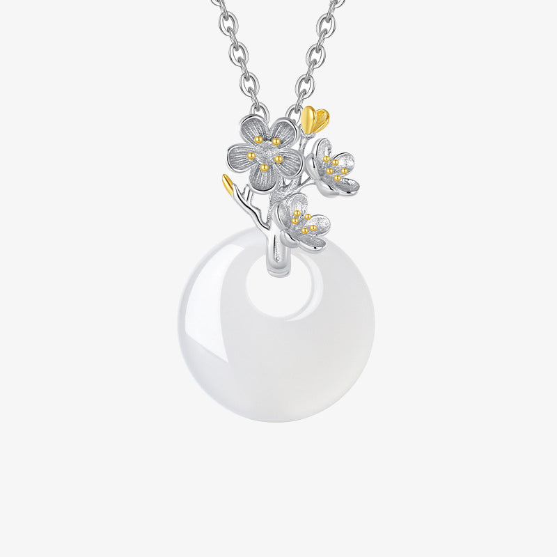 Wear FengShui 925 Sterling Silver Round Chalcedony Twelve Months Flower Harmony Necklace Pendant