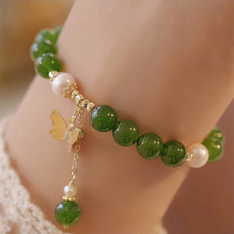 Wear FengShui Natural Green Chalcedony Pearl Butterfly Courage Strength Bracelet