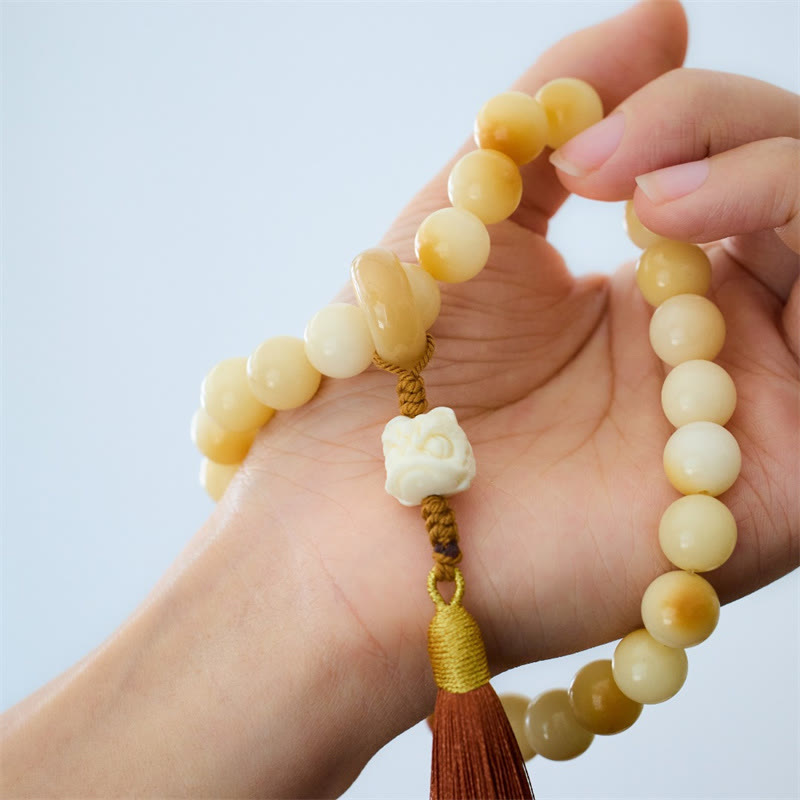 Wear FengShui Natural Bodhi Seed Ivory Fruit Dancing Lion Charm Harmony Tassel Wrist Mala