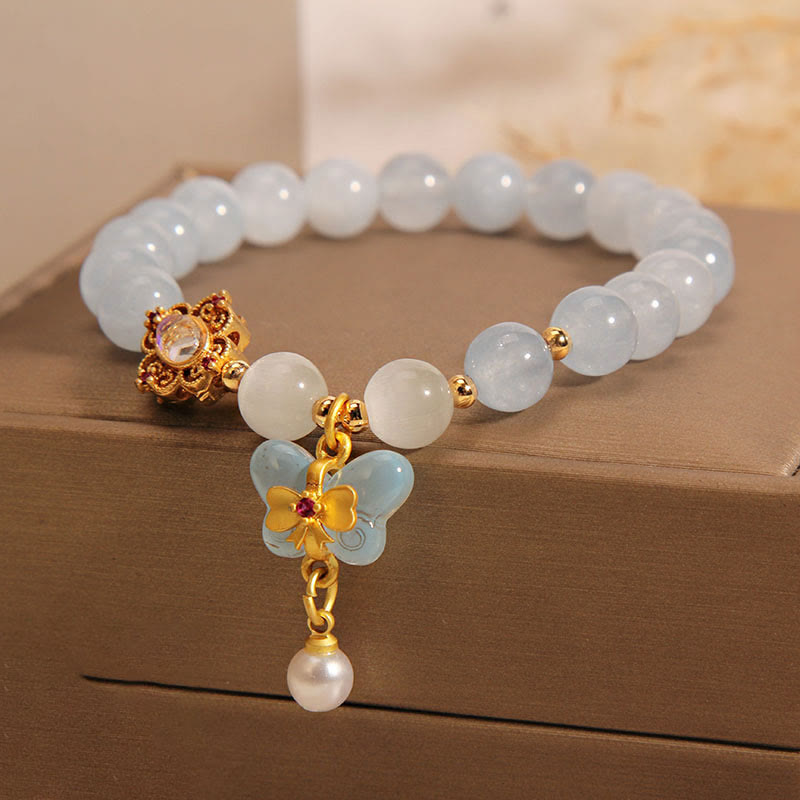 Wear FengShui Aquamarine Cat's Eye Healing Butterfly Pearl Charm Bracelet