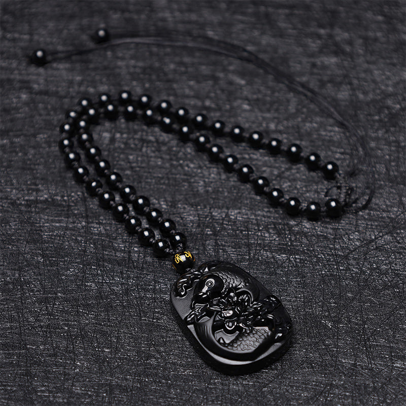 Wear FengShui Natural Black Obsidian Koi Fish Lotus Strength Beaded Necklace Pendant
