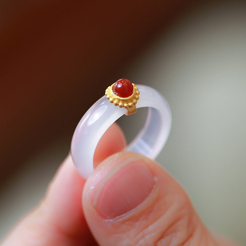 Wear FengShui White Agate Cyan Jade Turquoise Red Agate Luck Protection Ring