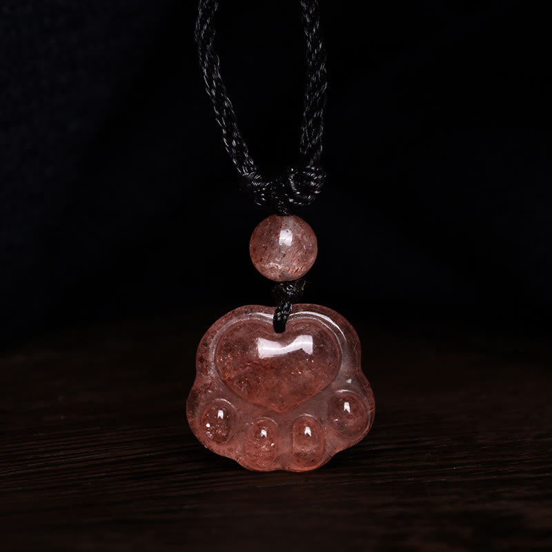 Wear FengShui Strawberry Quartz Lovely Cat Paw Claw Healing Necklace Pendant