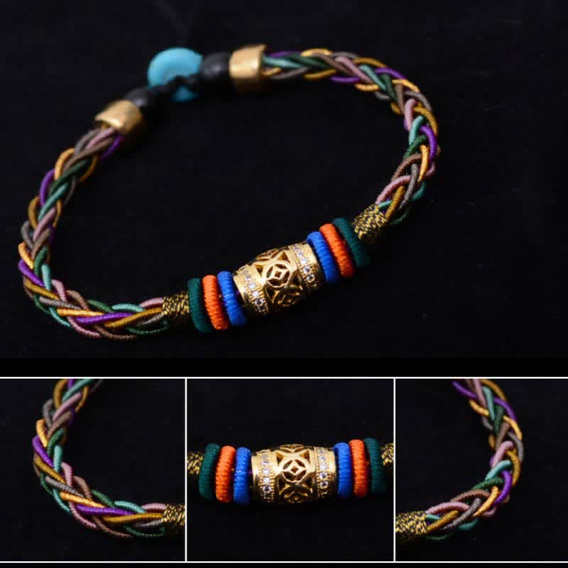 Wear FengShui Tibetan Handmade Eight Thread Knot Copper Coin Luck Weave String Bracelet
