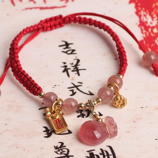 Wear FengShui Natural Strawberry Quartz Money Bag Lotus Healing Charm Red String Braided Bracelet