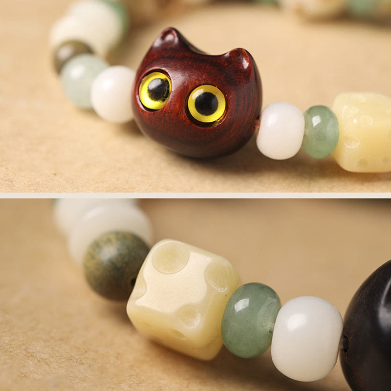 Wear FengShui Bodhi Seed Green Sandalwood Ebony Wood Small Leaf Red Sandalwood Cat Head Paw Claw Peace Bracelet