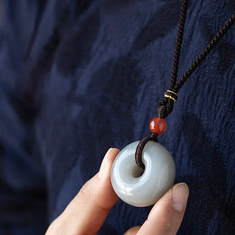 Wear FengShui Natural Round Jade Gray Jade Peace Buckle Luck Necklace Pendant