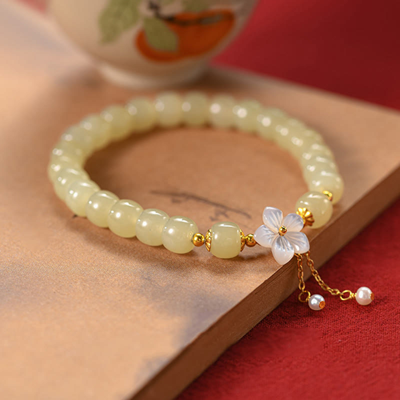 Wear FengShui 925 Sterling Silver Natural Hetian Jade Luck Flower Bracelet
