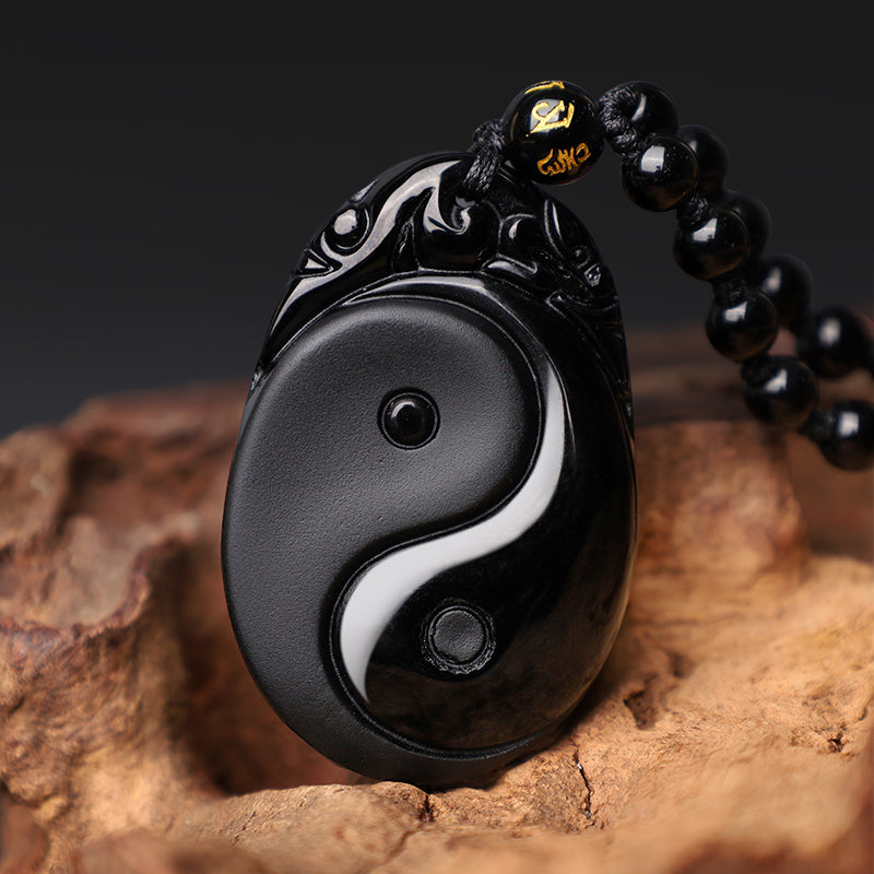 Wear FengShui Natural Black Obsidian Yin Yang Fulfilment Strength Necklace Pendant