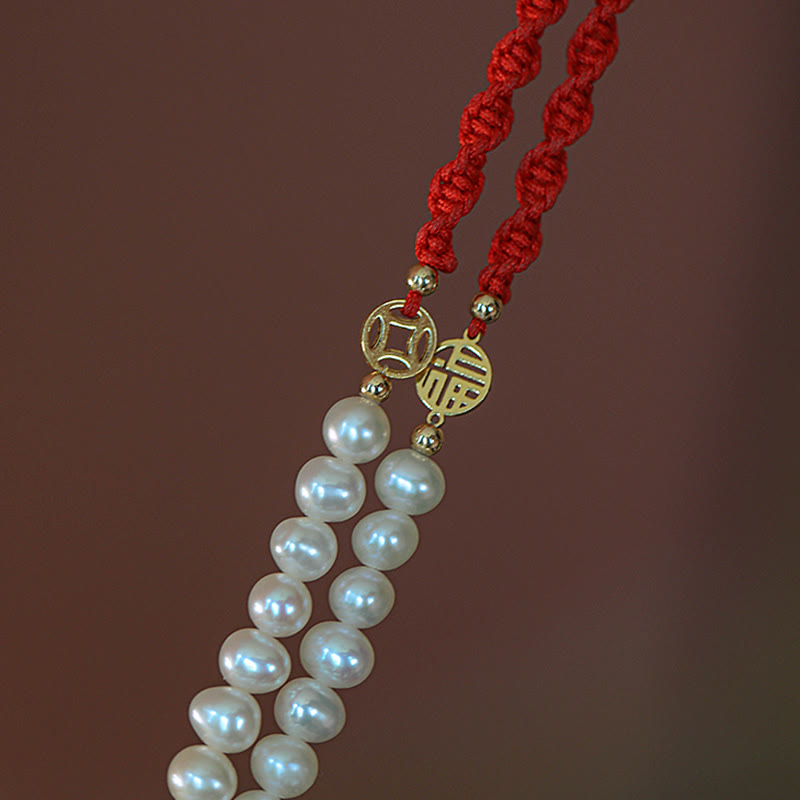 Wear FengShui 14K Gold Plated Pearl Bead Luck Protection Braid Red String Bracelet