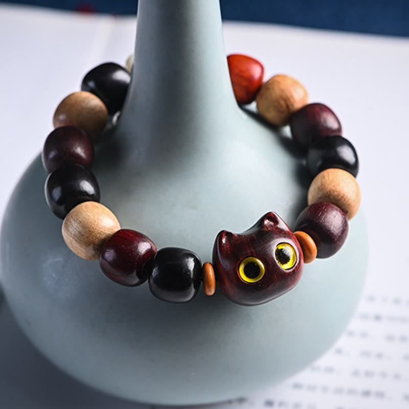 Wear FengShui Small Leaf Red Sandalwood Ebony Wood Cute Cat Engraved Protection Bracelet
