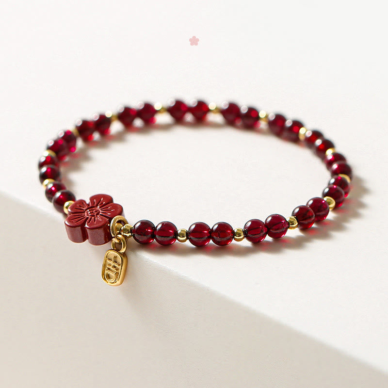 Wear FengShui 14K Gold Plated Natural Garnet Cinnabar Flower Calm Bracelet