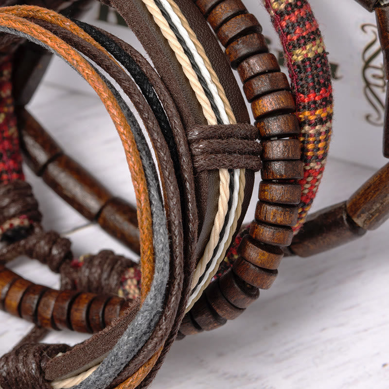 Wear FengShui Wrap Hemp Cords Wood Beads Leather Bracelet