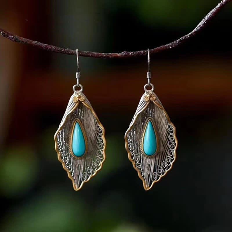 Wear FengShui 925 Sterling Silver Turquoise Bodhi Leaf Pattern Protection Drop Dangle Earrings
