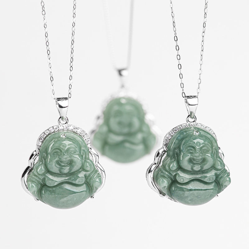 Wear FengShui Laughing Buddha Jade Abundance Necklace Titanium Steel Chain Pendant